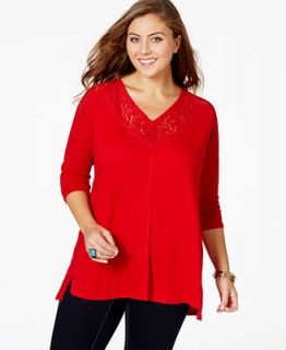 American Rag Plus Size Lace Yoke V Neck Top, Only at   Tops